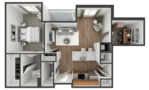 Floor plan for 1 bed, 1.5 baths, 831 sqft